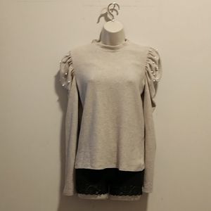 Large Beige & Pearls Zara Shirt with Leg of Mutton Sleeves